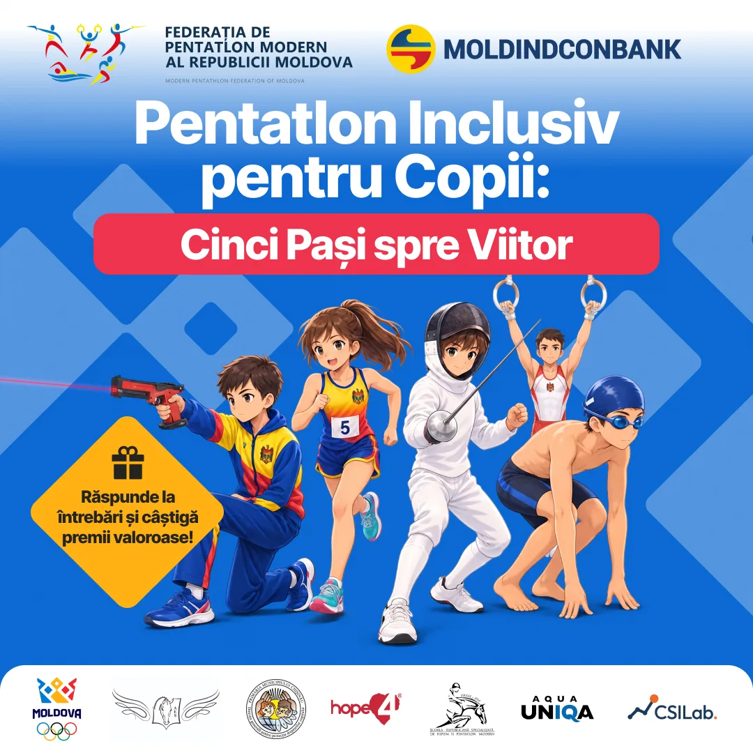 Afiș Pentatlon Inclusiv pentru Copii: Cinci Pași spre Viitor – copii la tir laser, alergare, scrimă, gimnastică și înot; răspunde la întrebări și câștigă premii valoroase
